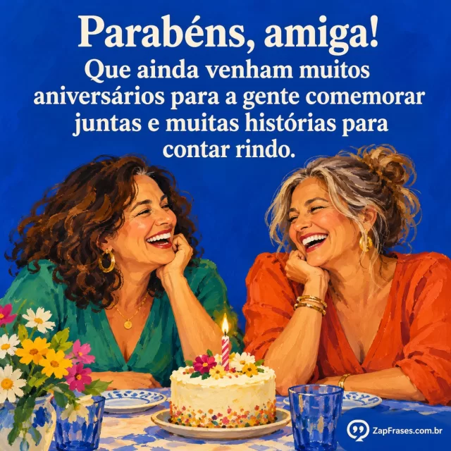 Duas mulheres maduras rindo à mesa, pequeno bolo com vela no plano inferior, fundo azul-cobalto com área superior azul lisa e texto creme.. Arte com a mensagem: Parabéns, amiga! Que ainda venham muitos aniversários para a gente comemorar juntas e muitas histórias para contar rindo.