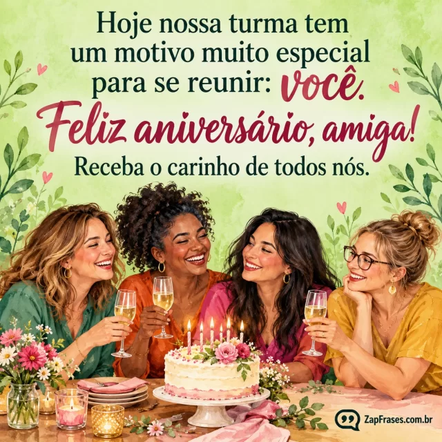Quatro amigas adultas de aparências diversas reunidas em mesa de aniversário no terço inferior, bolo e flores discretos; amplo fundo verde-claro limpo.. Arte com a mensagem: Hoje nossa turma tem um motivo muito especial para se reunir: você. Feliz aniversário, amiga! Receba o carinho de todos nós.