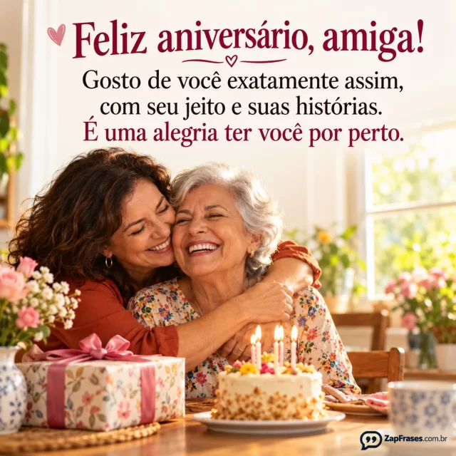 Mulher idosa aniversariante recebe abraço de amiga, presente embrulhado na mesa e bolo pequeno; luz de janela acolhedora, área superior clara para texto.. Arte com a mensagem: Feliz aniversário, amiga! Gosto de você exatamente assim, com seu jeito e suas histórias. É uma alegria ter você por perto.