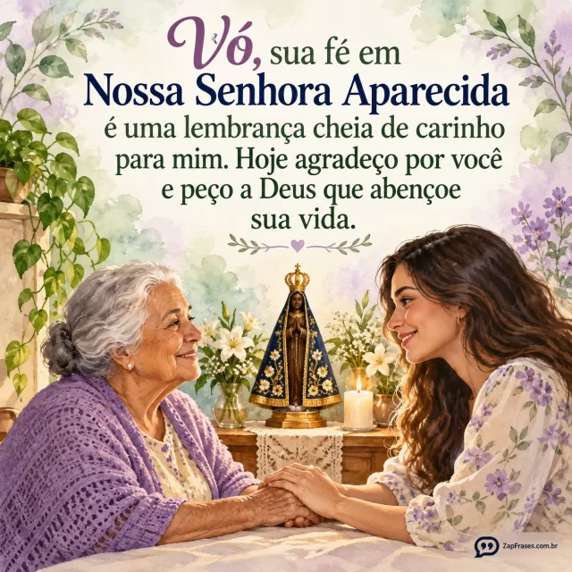 Avó e neta adulta de mãos dadas, pequeno altar doméstico de Aparecida sem escritos. Fundo claro em aquarela salvia e lilás, cena média na metade inferior e texto acima.. Arte com a mensagem: Vó, sua fé em Nossa Senhora Aparecida é uma lembrança cheia de carinho para mim. Hoje agradeço por você e peço a Deus que abençoe sua vida.