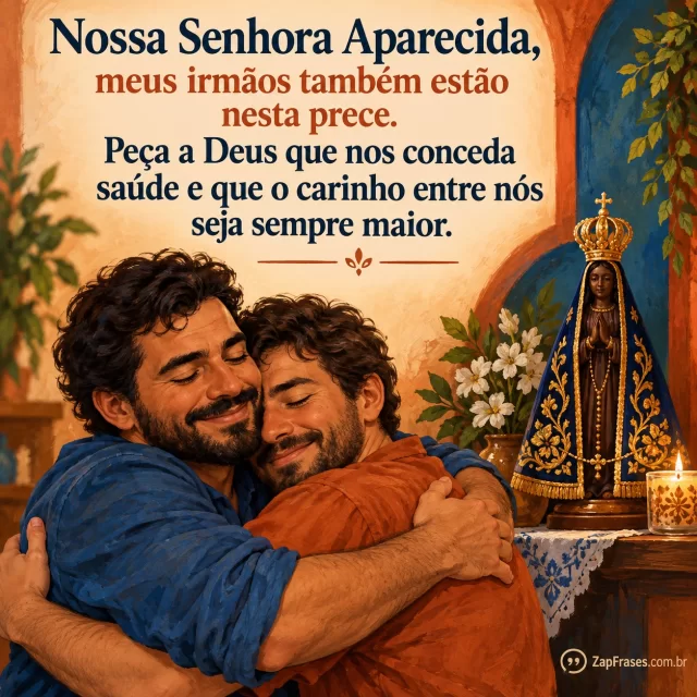 Dois irmãos adultos se abraçando, pequena imagem tradicional de Aparecida em altar lateral. Cores terracota e azul profundo, área limpa superior. Densidade maior mas organizada.. Arte com a mensagem: Nossa Senhora Aparecida, meus irmãos também estão nesta prece. Peça a Deus que nos conceda saúde e que o carinho entre nós seja sempre maior.
