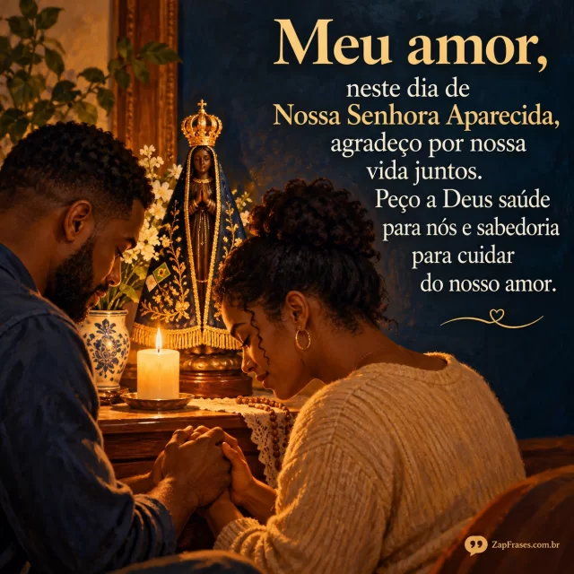 Casal adulto negro de mãos dadas próximo a vela e pequena imagem de Aparecida. Cena acolhedora ocre e azul; texto legível em parede escura limpa, densidade maior.. Arte com a mensagem: Meu amor, neste dia de Nossa Senhora Aparecida, agradeço por nossa vida juntos. Peço a Deus saúde para nós e sabedoria para cuidar do nosso amor.