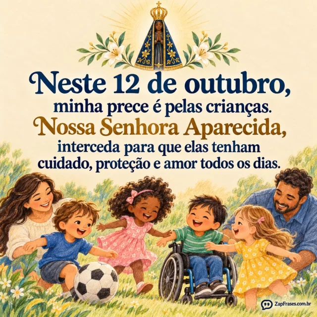 Crianças diversas brincam acompanhadas de familiar, vinheta de Aparecida pequena acima. Fundo bege calmo, desenho na faixa inferior, tipo azul grande. Densidade média.. Arte com a mensagem: Neste 12 de outubro, minha prece é pelas crianças. Nossa Senhora Aparecida, interceda para que elas tenham cuidado, proteção e amor todos os dias.