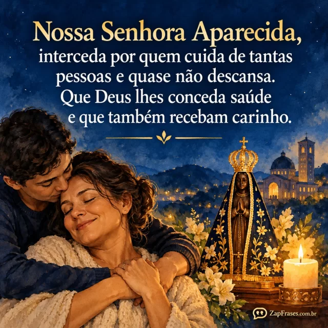 Mulher adulta cuidadora abraçada por familiar, pequeno ícone de Aparecida e vela em canto. Aquarela azul e ouro, pessoas na metade inferior e texto claro em céu azul limpo. Densidade média.. Arte com a mensagem: Nossa Senhora Aparecida, interceda por quem cuida de tantas pessoas e quase não descansa. Que Deus lhes conceda saúde e que também recebam carinho.