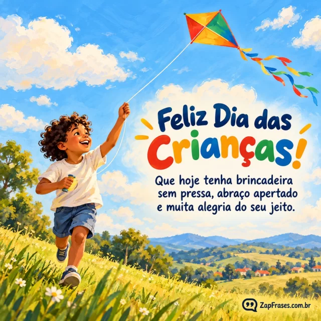 Guache colorido, criança soltando pipa no campo, céu amplo e tipografia arredondada. Arte com a mensagem: Feliz Dia das Crianças! Que hoje tenha brincadeira sem pressa, abraço apertado e muita alegria do seu jeito.