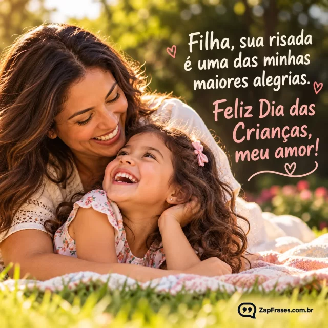 Fotografia delicada de mãe e filha rindo juntas numa manta ao ar livre, letras claras. Arte com a mensagem: Filha, sua risada é uma das minhas maiores alegrias. Feliz Dia das Crianças, meu amor!