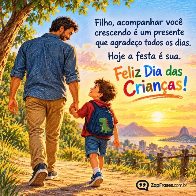 Ilustração editorial adulta de pai e menino andando de mãos dadas, textura lápis de cor. Arte com a mensagem: Filho, acompanhar você crescendo é um presente que agradeço todos os dias. Hoje a festa é sua. Feliz Dia das Crianças!
