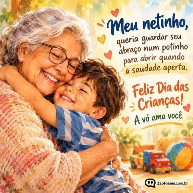Aquarela avó abraçando menino, composição quente, título tipográfico integrado sem texto extra. Arte com a mensagem: Meu netinho, queria guardar seu abraço num potinho para abrir quando a saudade aperta. Feliz Dia das Crianças! A vó ama você.