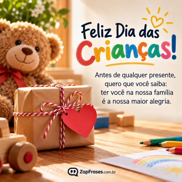 Natureza morta fotografia presente pequeno com coração de papel e laço, muito espaço tipográfico. Arte com a mensagem: Feliz Dia das Crianças! Antes de qualquer presente, quero que você saiba: ter você na nossa família é a nossa maior alegria.