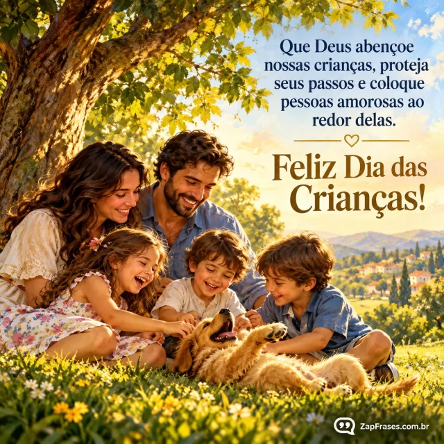 Pintura óleo luminosa família e crianças sob árvore, sem símbolos mágicos, letra serifada clara. Arte com a mensagem: Que Deus abençoe nossas crianças, proteja seus passos e coloque pessoas amorosas ao redor delas. Feliz Dia das Crianças!