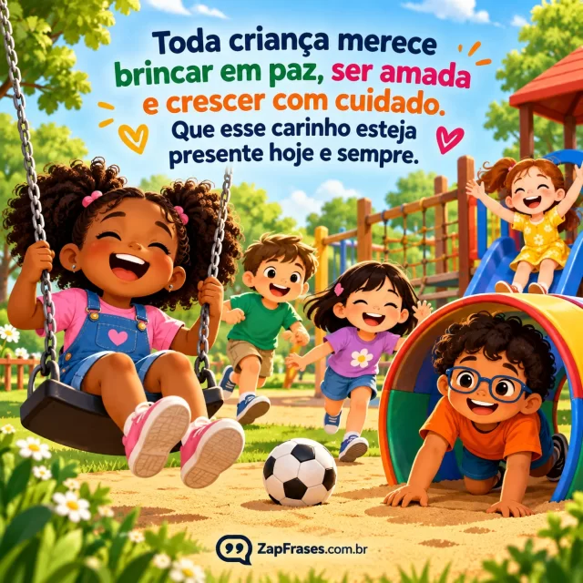 Ilustração vetorial crianças diversas brincando em parque seguro, paleta alegre, sans serif grande. Arte com a mensagem: Toda criança merece brincar em paz, ser amada e crescer com cuidado. Que esse carinho esteja presente hoje e sempre.
