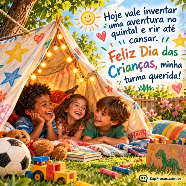 Arte giz de cera caprichada cabana de lençol no quintal brinquedos, lettering alegre. Arte com a mensagem: Hoje vale inventar uma aventura no quintal e rir até cansar. Feliz Dia das Crianças, minha turma querida!
