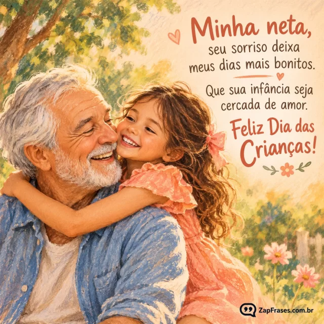 Pastel seco avô e neta sorrindo no jardim flores poucas, tons pêssego. Arte com a mensagem: Minha neta, seu sorriso deixa meus dias mais bonitos. Que sua infância seja cercada de amor. Feliz Dia das Crianças!