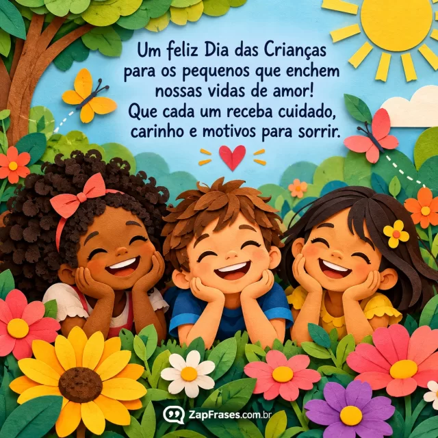 Papercut jardim com três crianças diversas e grandes flores, tipografia branca escura adequada. Arte com a mensagem: Um feliz Dia das Crianças para os pequenos que enchem nossas vidas de amor! Que cada um receba cuidado, carinho e motivos para sorrir.