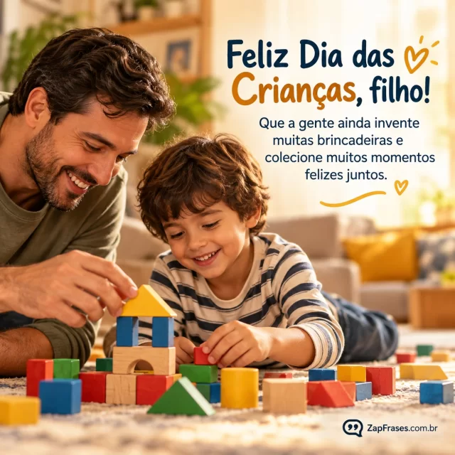 Fotografia pai e filho montando blocos no chão da sala, enquadramento mãos e perfil, fonte humanista. Arte com a mensagem: Feliz Dia das Crianças, filho! Que a gente ainda invente muitas brincadeiras e colecione muitos momentos felizes juntos.