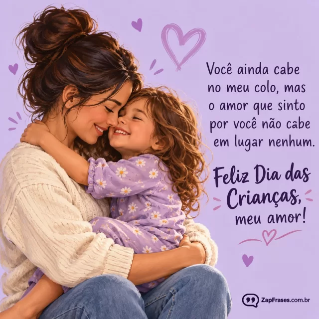Pintura digital delicada adulto com criança no colo silhueta acolhedora, fundo lavanda claro opaco. Arte com a mensagem: Você ainda cabe no meu colo, mas o amor que sinto por você não cabe em lugar nenhum. Feliz Dia das Crianças, meu amor!