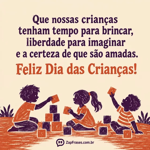 Silhuetas de crianças com blocos na faixa inferior, estrias de linoleogravura, roxo terracota e creme, sem livros.. Arte com a mensagem: Que nossas crianças tenham tempo para brincar, liberdade para imaginar e a certeza de que são amadas. Feliz Dia das Crianças!