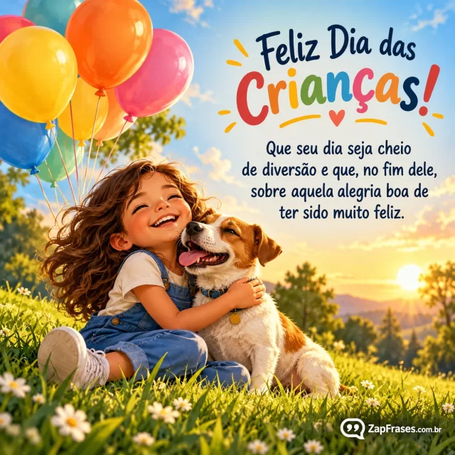 Ilustração estilo livro ilustrado adulto balões e criança com cachorro em gramado, sol suave. Arte com a mensagem: Feliz Dia das Crianças! Que seu dia seja cheio de diversão e que, no fim dele, sobre aquela alegria boa de ter sido muito feliz.