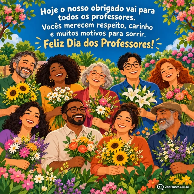 Ilustração guache plana adulta de grupo diverso de docentes segurando flores num jardim, sem alunos nem lousa, composição completa, fonte arredondada clara.. Arte com a mensagem: Hoje o nosso obrigado vai para todos os professores. Vocês merecem respeito, carinho e muitos motivos para sorrir. Feliz Dia dos Professores!