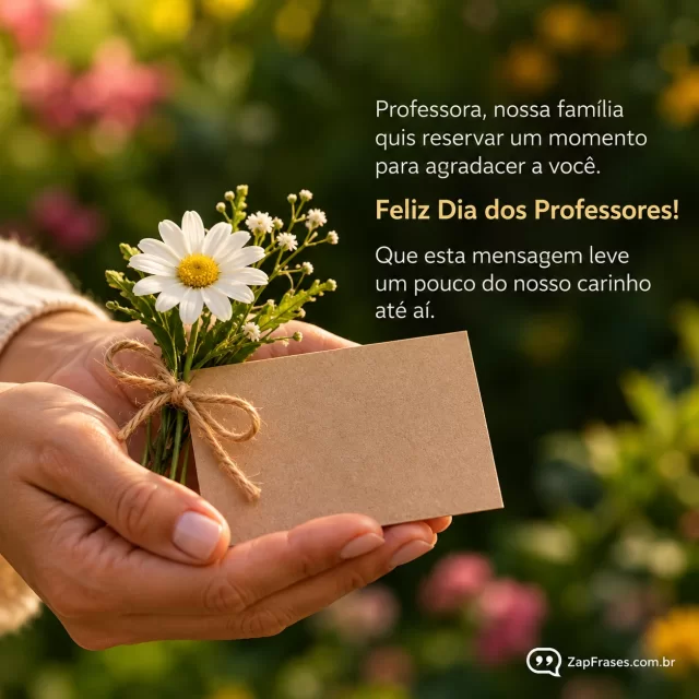 Fotografia macro mãos adultas oferecendo pequena flor e cartão totalmente sem letras, fundo jardim desfocado, título inexistente, texto sans serif integrado à área escura.. Arte com a mensagem: Professora, nossa família quis reservar um momento para agradecer a você. Feliz Dia dos Professores! Que esta mensagem leve um pouco do nosso carinho até aí.