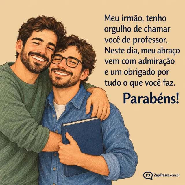 Lápis de cor plano de dois irmãos adultos sorrindo em abraço, professor com livro fechado sem letras, fundo areia, fonte humanista azul escura.. Arte com a mensagem: Meu irmão, tenho orgulho de chamar você de professor. Neste dia, meu abraço vem com admiração e um obrigado por tudo o que você faz. Parabéns!