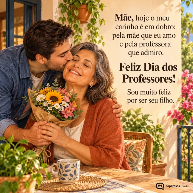 Pintura pastel suave adulta mãe mais velha e filho adulto com um pequeno buquê na varanda, ambiente acolhedor completo, texto em serifada escura sobre parede clara.. Arte com a mensagem: Mãe, hoje o meu carinho é em dobro: pela mãe que eu amo e pela professora que admiro. Feliz Dia dos Professores! Sou muito feliz por ser seu filho.