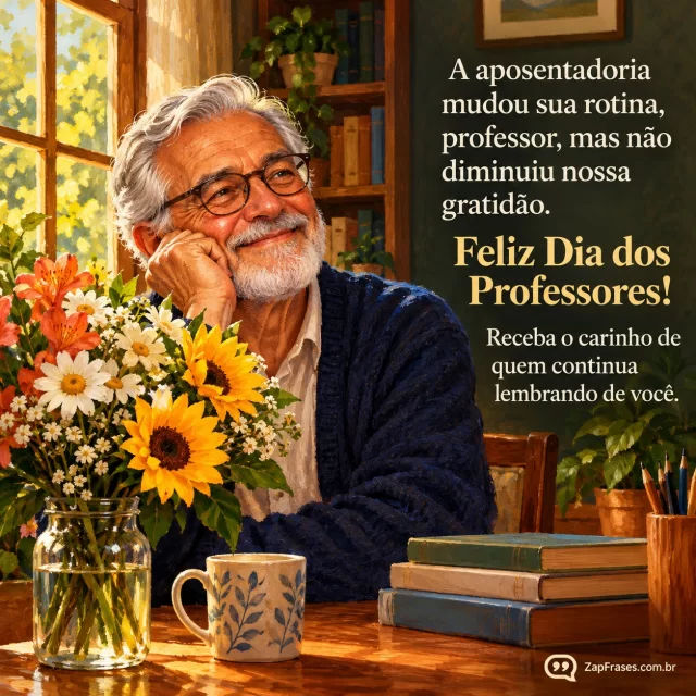 Pintura óleo editorial de professor idoso sorrindo com flores junto à janela, ambiente sereno casa e estante sem escrita em livros. Frase em letras claras na área calma.. Arte com a mensagem: A aposentadoria mudou sua rotina, professor, mas não diminuiu nossa gratidão. Feliz Dia dos Professores! Receba o carinho de quem continua lembrando de você.