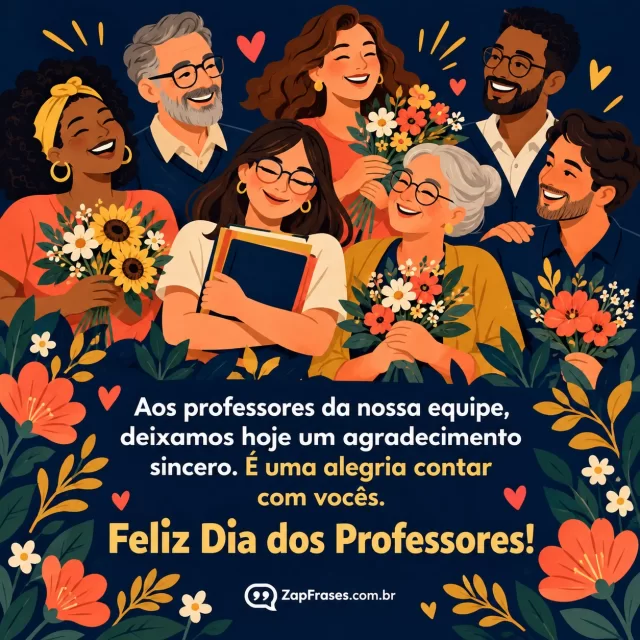 Ilustração vetorial PLANA adultos docentes diversos celebrando com flores e gesto de carinho, paleta marinho coral dourado, sem lousa nem letras nos objetos, tipografia sans serif.. Arte com a mensagem: Aos professores da nossa equipe, deixamos hoje um agradecimento sincero. É uma alegria contar com vocês. Feliz Dia dos Professores!