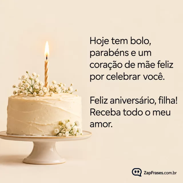 Fotografia editorial bolo simples com vela sem números à esquerda, fundo creme tranquilo, SEM pessoas, letra sans serif escura elegante, cena mínima.. Arte com a mensagem: Hoje tem bolo, parabéns e um coração de mãe feliz por celebrar você. Feliz aniversário, filha! Receba todo o meu amor.
