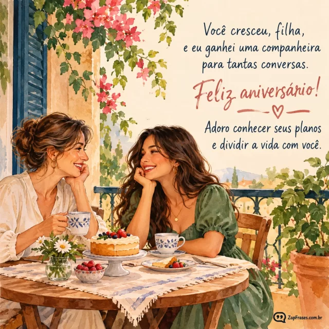 Aquarela adulta mãe e filha adulta conversando felizes na varanda, chá e bolo discreto, texto claro em área livre, letras manuais.. Arte com a mensagem: Você cresceu, filha, e eu ganhei uma companheira para tantas conversas. Feliz aniversário! Adoro conhecer seus planos e dividir a vida com você.