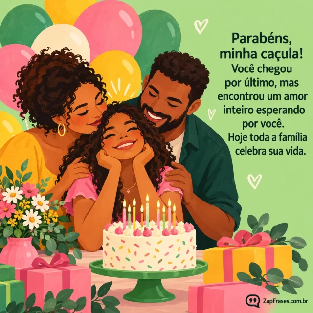 Ilustração guache PLANA família adulta diversa celebrando filha adolescente com bolo e balões, fundo verde claro, texto sem serifa sobre área limpa.. Arte com a mensagem: Parabéns, minha caçula! Você chegou por último, mas encontrou um amor inteiro esperando por você. Hoje toda a família celebra sua vida.