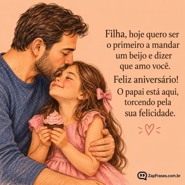 Lápis de cor adulto pai com filha menina segurando pequeno cupcake, gesto de beijo na testa, fundo pêssego, fonte humanista escura.. Arte com a mensagem: Filha, hoje quero ser o primeiro a mandar um beijo e dizer que amo você. Feliz aniversário! O papai está aqui, torcendo pela sua felicidade.