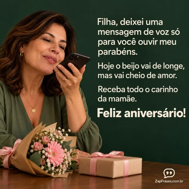 Fotografia adulta mãe enviando áudio no celular SEM letras na tela, buquê pequeno e lembrança de aniversário na mesa, fundo sereno, fonte sans serif área clara.. Arte com a mensagem: Filha, deixei uma mensagem de voz só para você ouvir meu parabéns. Hoje o beijo vai de longe, mas vai cheio de amor. Receba todo o carinho da mamãe. Feliz aniversário!