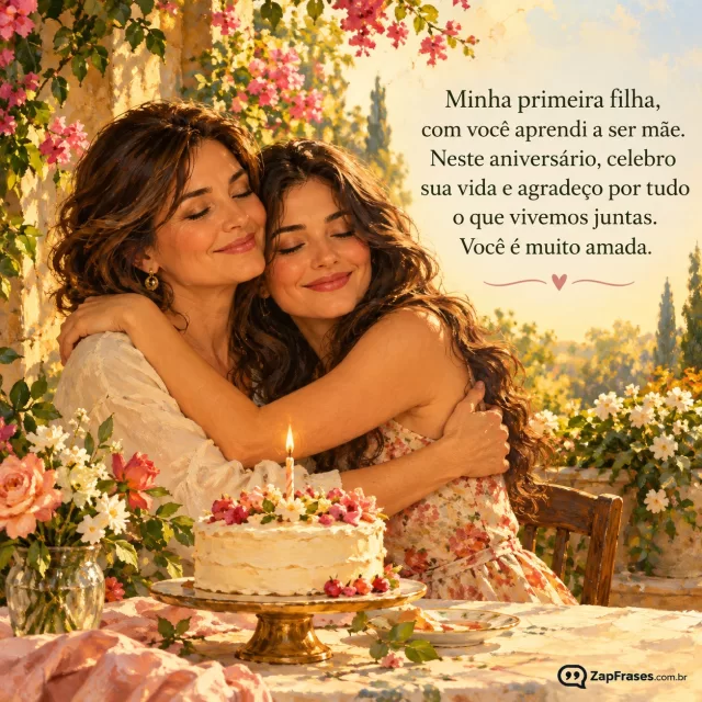 Pintura óleo mãe e filha adulta abraçadas diante mesa com pequeno bolo, luz dourada e jardim, texto em área calma clara.. Arte com a mensagem: Minha primeira filha, com você aprendi a ser mãe. Neste aniversário, celebro sua vida e agradeço por tudo o que vivemos juntas. Você é muito amada.