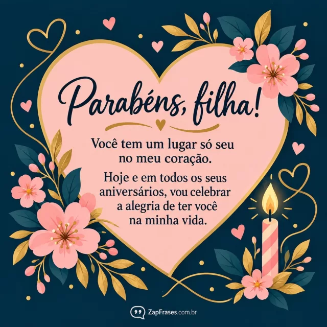 Ilustração vetorial PLANA coração grande com pequenas flores e vela estilizada, composição média sem pessoas, azul petróleo rosa dourado, lettering manual legível.. Arte com a mensagem: Parabéns, filha! Você tem um lugar só seu no meu coração. Hoje e em todos os seus aniversários, vou celebrar a alegria de ter você na minha vida.