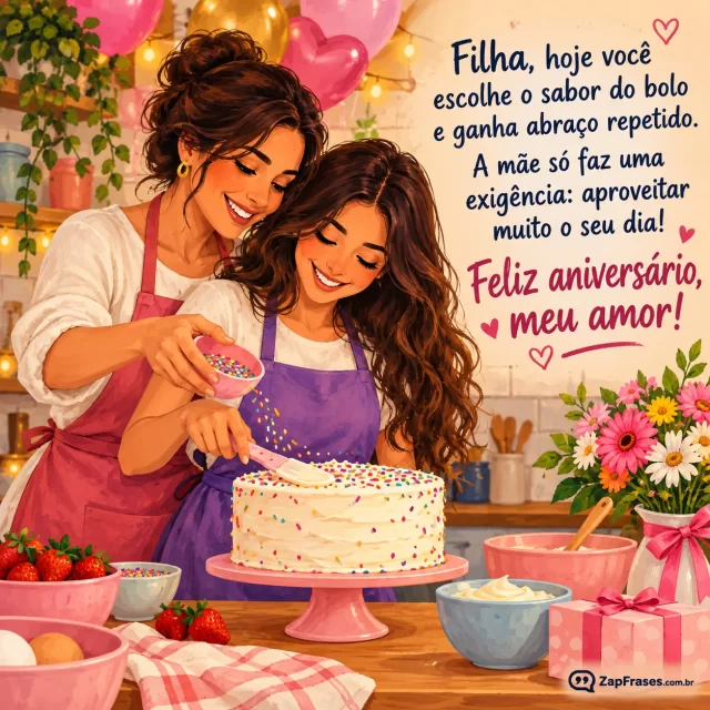 Guache adulto leve mãe e filha jovem sorrindo preparando bolo simples na cozinha, aventais sem escrita, cena festiva completa, letras claras área limpa.. Arte com a mensagem: Filha, hoje você escolhe o sabor do bolo e ganha abraço repetido. A mãe só faz uma exigência: aproveitar muito o seu dia! Feliz aniversário, meu amor!