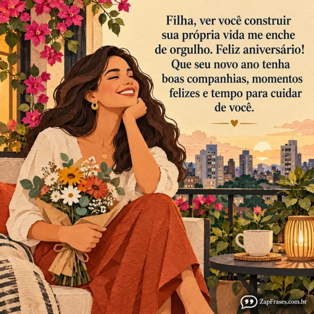 Colagem papel artesanal adulta mulher aniversariante sorrindo com pequeno buquê em varanda urbana, cenário completo elegante sem palavras extras, serifada legível.. Arte com a mensagem: Filha, ver você construir sua própria vida me enche de orgulho. Feliz aniversário! Que seu novo ano tenha boas companhias, momentos felizes e tempo para cuidar de você.