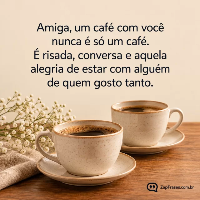 Fotografia editorial mínima duas xícaras em mesa de madeira com um ramo discreto, fundo creme calmo, sem pessoas, sans serif escura elegante.. Arte com a mensagem: Amiga, um café com você nunca é só um café. É risada, conversa e aquela alegria de estar com alguém de quem gosto tanto.