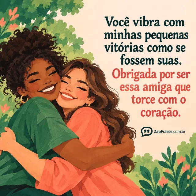 Guache editorial PLANO duas amigas adultas diversas se abraçando alegres em parque, paleta verde coral, fundo limpo para lettering.. Arte com a mensagem: Você vibra com minhas pequenas vitórias como se fossem suas. Obrigada por ser essa amiga que torce com o coração.