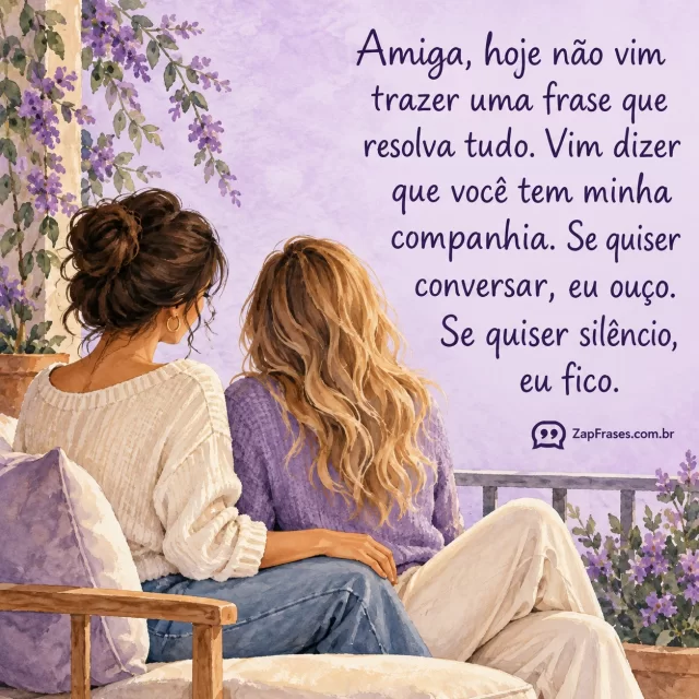 Aquarela adulta duas mulheres sentadas lado a lado numa varanda calma, uma mão sobre outra, fundo lavanda área clara para letra manual legível.. Arte com a mensagem: Amiga, hoje não vim trazer uma frase que resolva tudo. Vim dizer que você tem minha companhia. Se quiser conversar, eu ouço. Se quiser silêncio, eu fico.