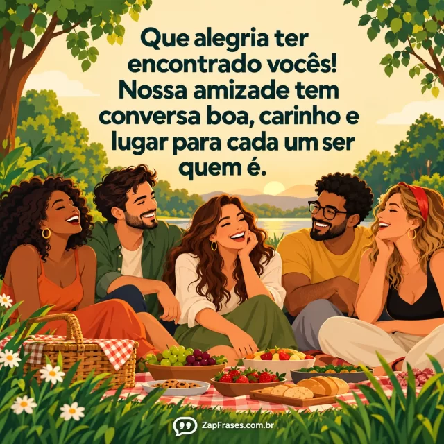 Ilustração vetorial PLANA grupo adulto diverso reunido em piquenique, cores quentes e verdes, composição rica organizada com topo limpo, sans serif.. Arte com a mensagem: Que alegria ter encontrado vocês! Nossa amizade tem conversa boa, carinho e lugar para cada um ser quem é.