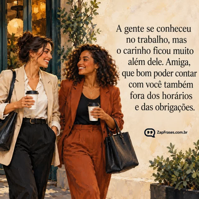 Pintura óleo adulta duas amigas conversando na saída de café com bolsa de trabalho sem marcas, ambiente urbano acolhedor, texto sobre parede clara.. Arte com a mensagem: A gente se conheceu no trabalho, mas o carinho ficou muito além dele. Amiga, que bom poder contar com você também fora dos horários e das obrigações.