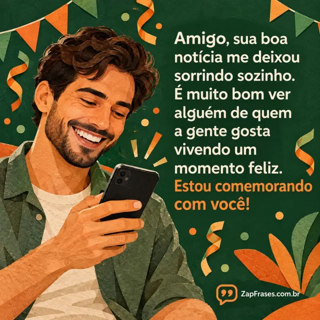 Colagem papel artesanal homem sorrindo ao receber mensagem num telefone com tela sem escrita, festa discreta de fundo, verde e laranja, sans serif legível.. Arte com a mensagem: Amigo, sua boa notícia me deixou sorrindo sozinho. É muito bom ver alguém de quem a gente gosta vivendo um momento feliz. Estou comemorando com você!
