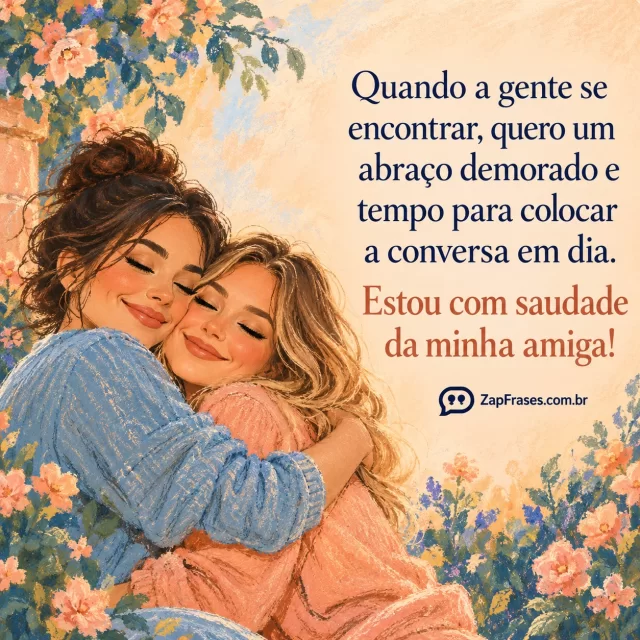 Pastel seco adulto duas amigas se abraçando em jardim, composição completa mas área clara calma para texto, tons pêssego azul.. Arte com a mensagem: Quando a gente se encontrar, quero um abraço demorado e tempo para colocar a conversa em dia. Estou com saudade da minha amiga!
