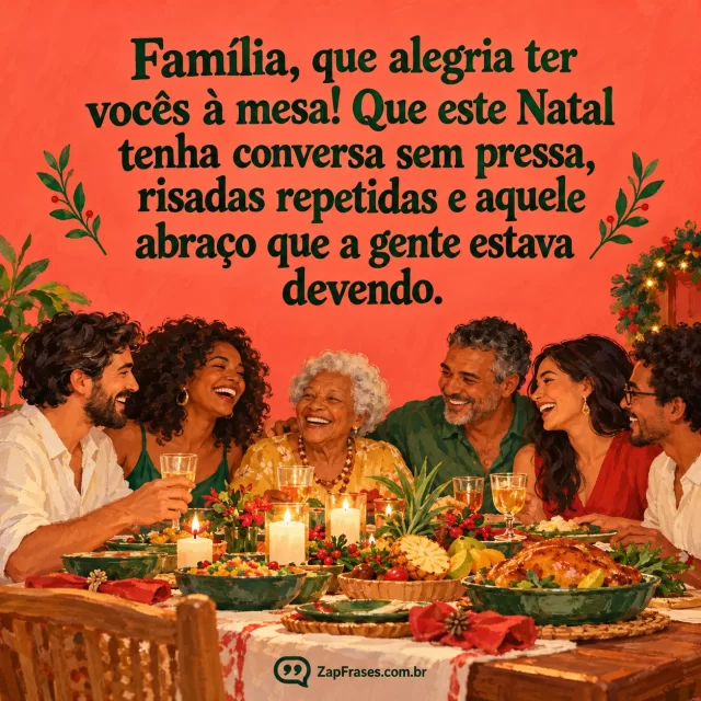 Pintura em guache editorial adulto, família brasileira diversa com adultos e avó sorrindo em volta de pequena mesa de ceia tropical na parte inferior, guirlanda discreta, fundo coral com área superior livre para texto verde escuro.. Arte com a mensagem: Família, que alegria ter vocês à mesa! Que este Natal tenha conversa sem pressa, risadas repetidas e aquele abraço que a gente estava devendo.