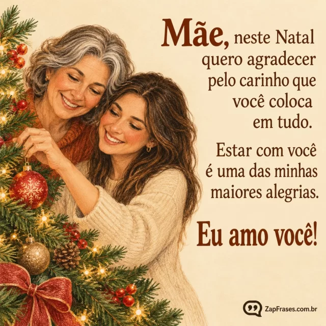 Desenho a lápis de cor artístico adulto de mãe mais velha e filha adulta lado a lado colocando delicadamente um enfeite na árvore no canto inferior esquerdo, fundo creme opaco, toques terracota e oliva, letras marrons simples bem grandes com respiro.. Arte com a mensagem: Mãe, neste Natal quero agradecer pelo carinho que você coloca em tudo. Estar com você é uma das minhas maiores alegrias. Eu amo você!