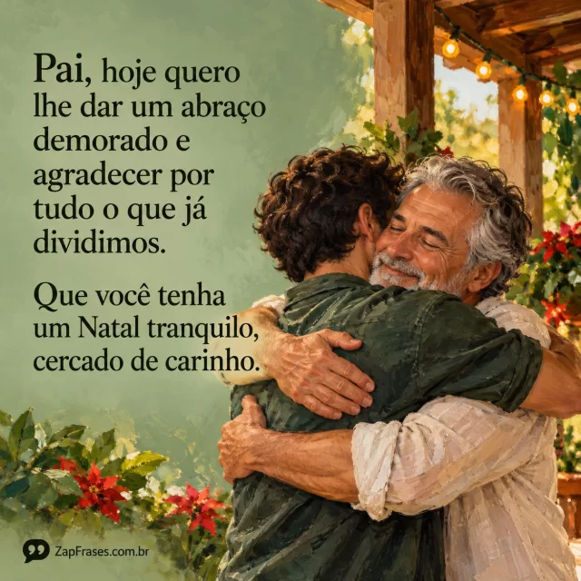 Pintura a óleo contemporânea com pinceladas visíveis, pai grisalho e filho adulto em abraço acolhedor em varanda brasileira com pequeno cordão de luz natalina, figuras na lateral direita inferior, céu verde sálvia liso à esquerda para serifa escura; clima diurno sem neve.. Arte com a mensagem: Pai, hoje quero lhe dar um abraço demorado e agradecer por tudo o que já dividimos. Que você tenha um Natal tranquilo, cercado de carinho.
