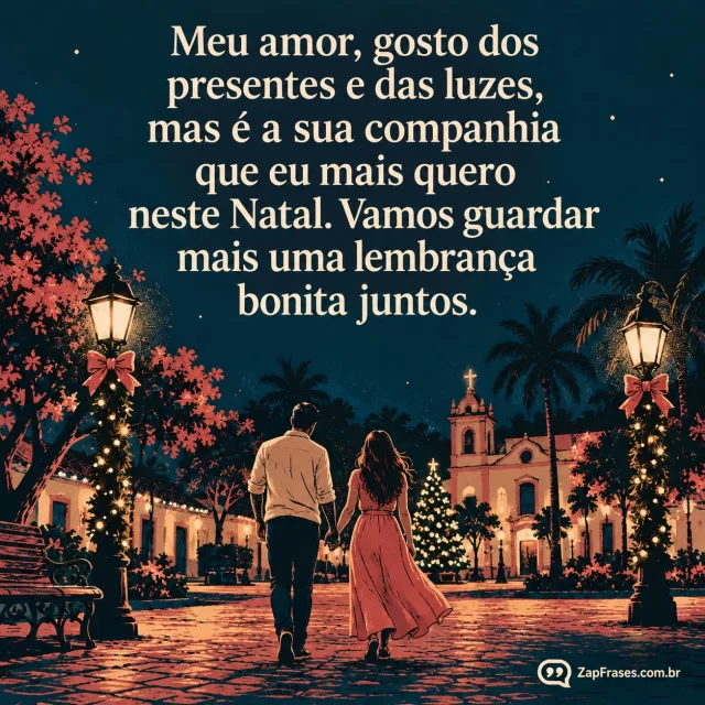 Ilustração editorial em serigrafia fosca de casal adulto de mãos dadas caminhando sob duas pequenas luminárias natalinas numa praça brasileira, azul petróleo e rosa queimado, figuras pequenas na base e texto creme dominante no alto, sem excesso de enfeites.. Arte com a mensagem: Meu amor, gosto dos presentes e das luzes, mas é a sua companhia que eu mais quero neste Natal. Vamos guardar mais uma lembrança bonita juntos.