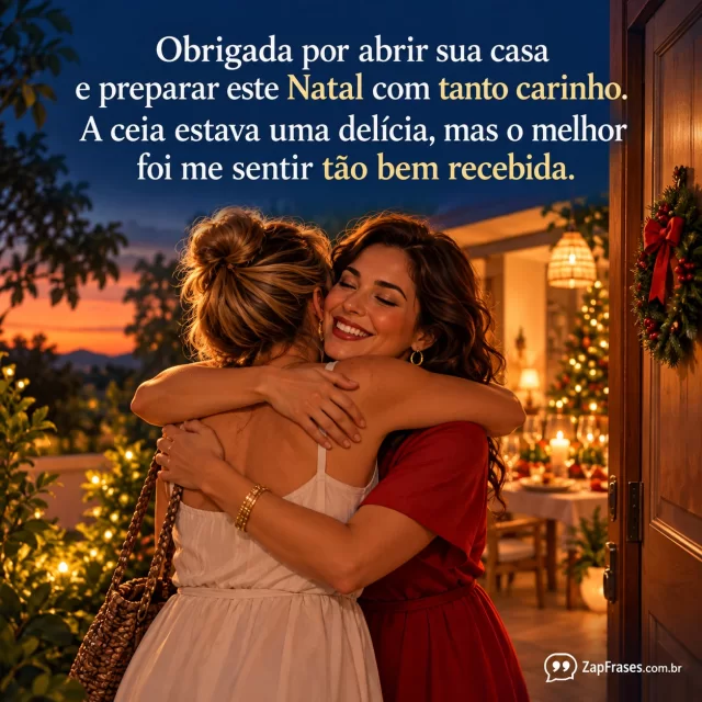 Ilustração digital semi-realista de duas mulheres adultas se cumprimentando com abraço na porta de casa ao entardecer de verão, guirlanda natalina pequena na porta e mesa de ceia visível discretamente no fundo, azul profundo na área superior limpa para tipografia clara, sem texto nos objetos.. Arte com a mensagem: Obrigada por abrir sua casa e preparar este Natal com tanto carinho. A ceia estava uma delícia, mas o melhor foi me sentir tão bem recebida.