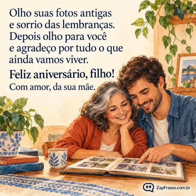 Aquarela de mãe grisalha e filho adulto olhando juntos um álbum de fotografias sobre uma mesa.. Arte com a mensagem: Olho suas fotos antigas e sorrio das lembranças. Depois olho para você e agradeço por tudo o que ainda vamos viver. Feliz aniversário, filho! Com amor, da sua mãe.